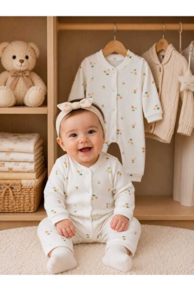 krm kerem bebe 100% Cotton Premium Ribbed Cotton Floral Patterned Baby Girl S...
