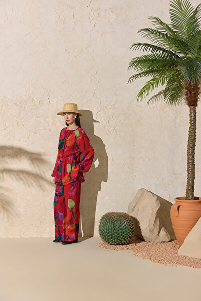 Aker Red Patterned Trousers with Elastic Waist