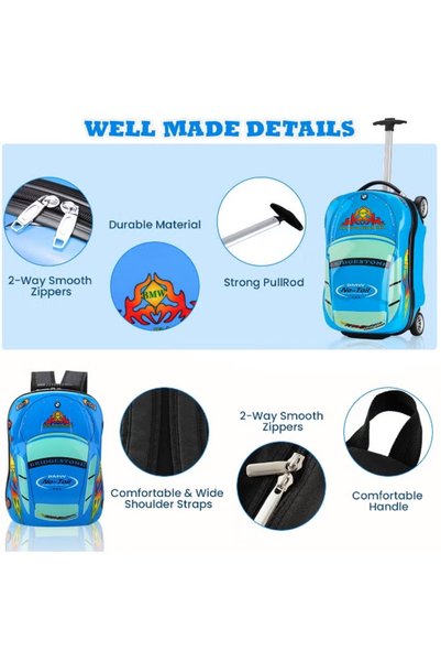 GGEROU Kids Rolling Luggage Set with Wheels, 20 Inch Ride-On Suitcase +13 Inch Backpack, Cute Lightweight Children Travel Suitcase Set, Fashion Rideable Kids Travel Luggage (Blue)