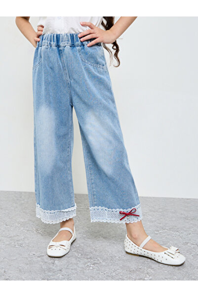 Styli Girls Faded Wide Leg Jeans With Lace Hem