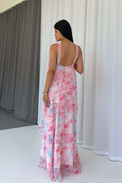 Mine Tan Butik Rochie de damă cu detalii florale și trandafiri la gât - Roz