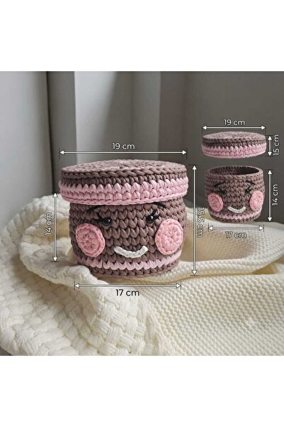 Generic Brand Crochet basket with cream and pink wooden base and lid
