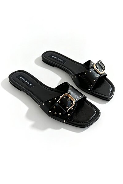 Shoebutik Palma Black Leather Buckle Detail Women's Slippers