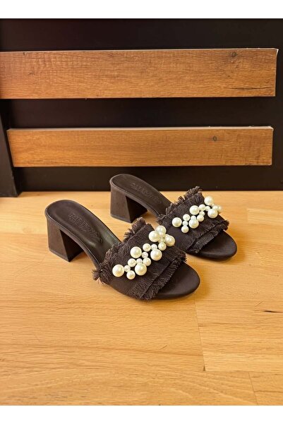 dabab shoes Nubia Women's Pearl Detailed Straw Heeled Bitter Brown Slippers S...