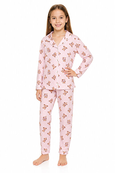 modaminikler Kız Çocuk Pembe Ayıcık Desenli Düğmeli %100 Pamuk 2'li Pijama Ta...