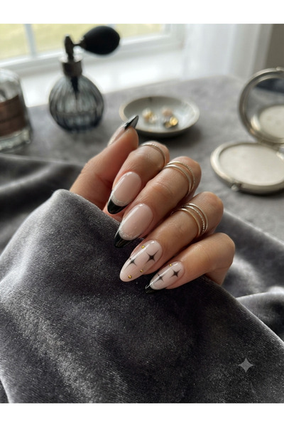 Shades On Nails Handmade Press-On Nails Set - Size Medium Black French Tips C...