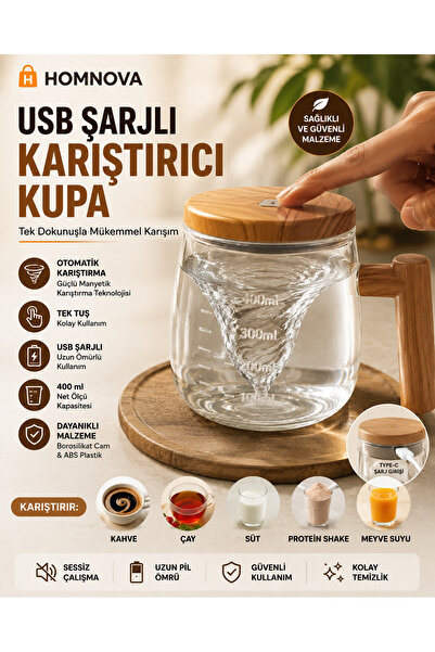 Homnova USB Şarjlı Otomatik Karıştırıcı Cam Kupa 400 ml Manyetik Karıştıran B...