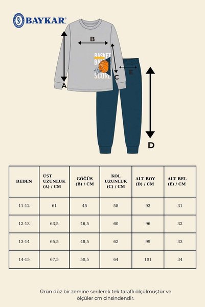 BAYKAR Set pijamale pentru băieți, din bumbac, cu decolteu rotund, cu imprimeu baschet, cu mâneci lungi, 9691 gri