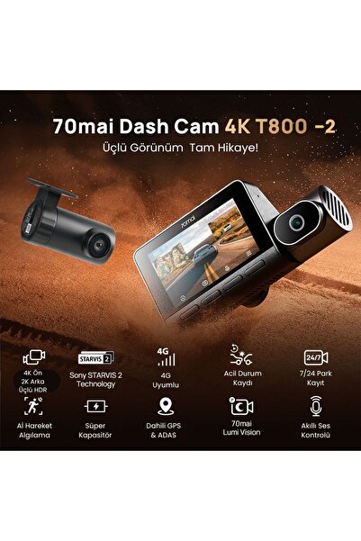 70MAİ Set 2 camere Dash Cam 4K T800 cu 3 obiective