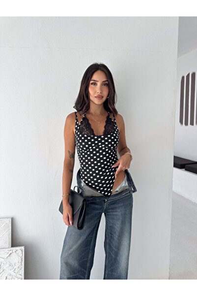 Paraf style Puantiyeli Dantel Detaylı Bodysuit