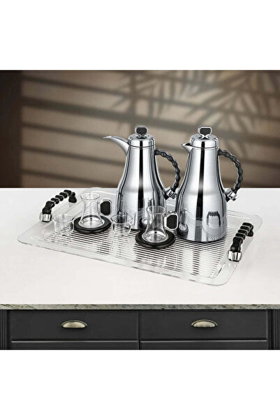 Almarjan 21 Pieces Tea & Coffee Set, Brushed Silver & Black