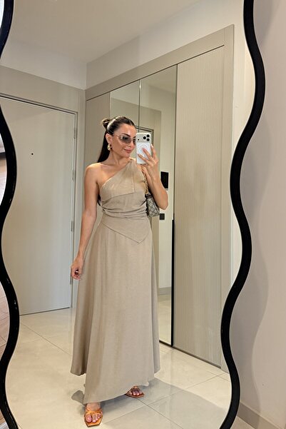 Gizem Ecemiş Breaking Camel Keten Omuz Dekolteli Elbise