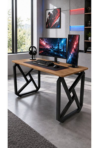 nünü home 140x60 Oyuncu Masası Ahşap Tabla Siyah Metal Geometrik Ayaklı Bilgi...