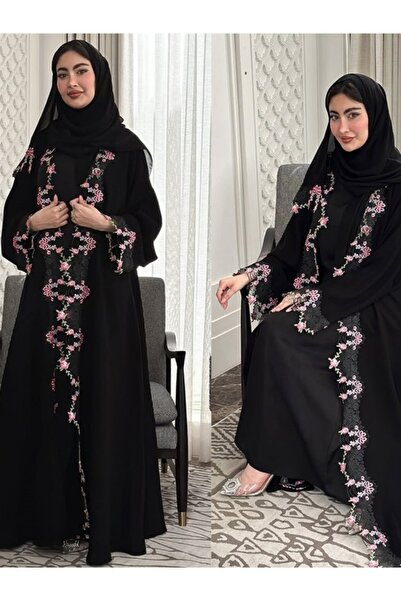 Classy She Green elegant floral embroidered patchwork front-opening Abaya (wi...