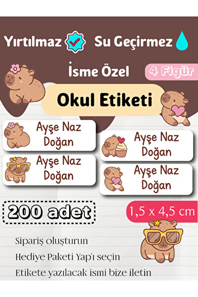GÖKÇETasarım *ROZET HEDİYELİ* Kapibara Temalı İsme Özel Okul Etiketi / Capyba...