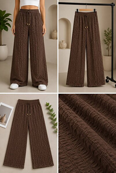 BoraVelli Embossed Textured Wide-Leg Women's Trousers with Elastic Waist