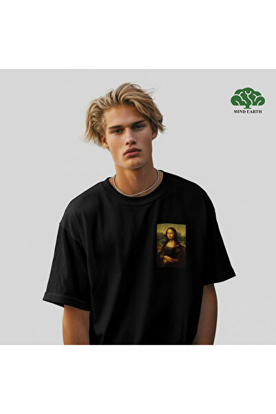 Unisex Oversize Siyah %100 Organik Pamuk Mona Lisa Baskılı T-Shirt