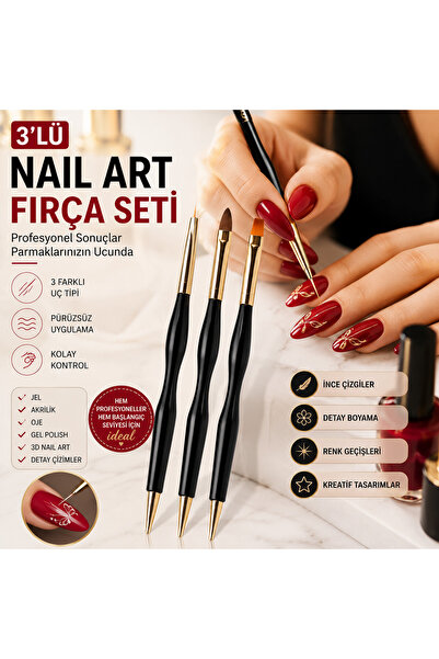 3'lü Nail Art Fırça Seti Çift Taraflı İnce Çizim, Jel, Akrilik, French ve Detay Desen Fırçaları Profesyonel Tırnak Tasarım Seti