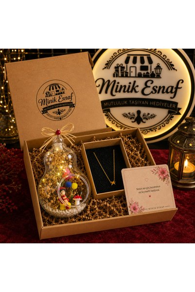 Minik Esnaf Işıklı Teraryum ve Yıldız Kolye Hediye Seti – Dekoratif Cam Terar...