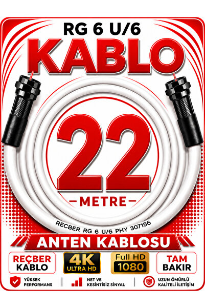 Reçber Anten Kablosu RG 6 U/6 307156 Tam Bakır Beyaz 22 METRE