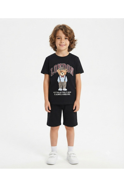 LİTTLE TORTOİSE طقم تي شيرت وشورت برقبة دائرية مطبوع عليه LONDON TEDDY BEAR ل...