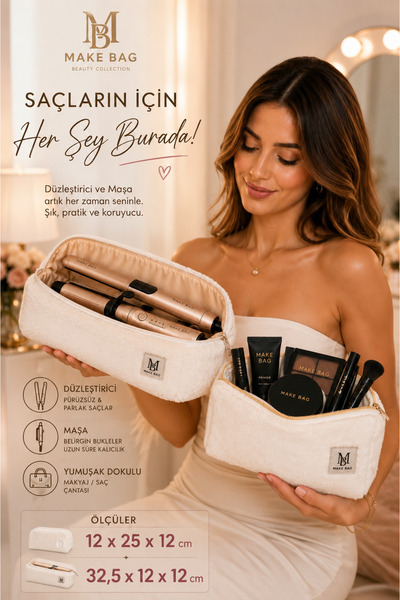 MAKE BAG EKRU 2'Lİ PELUŞ SET MAKYAJ ÇANTALARI (ORTA VE BÜYÜK BOY)
