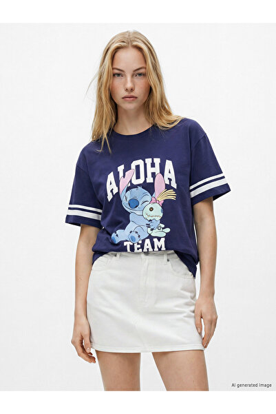 LC Waikiki Navy Blue Stitch Printed 100% Cotton Women's T-Shirt