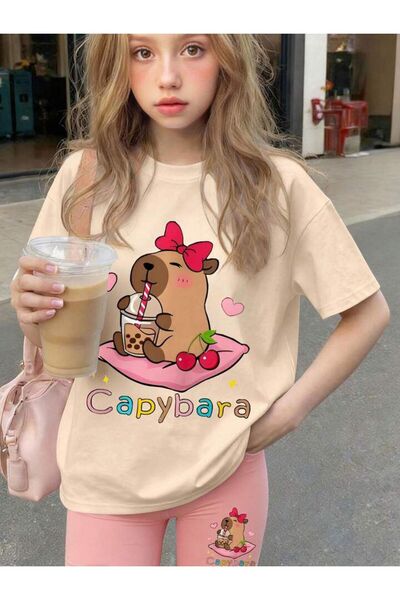 MORNİNG KİDS Girl's Capy Bara Printed Beige T-Shirt - Pink Short Leggings Set