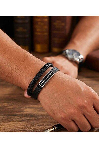 Feronnucci Unisex Combination Pu Leather Bracelet Black Steel Mesh Leather Br...