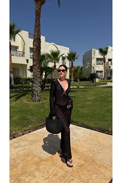 Julidress Μαύρο φόρεμα παραλίας με διάτρητο σχέδιο, μάξι μήκος και λεπτομέρει...