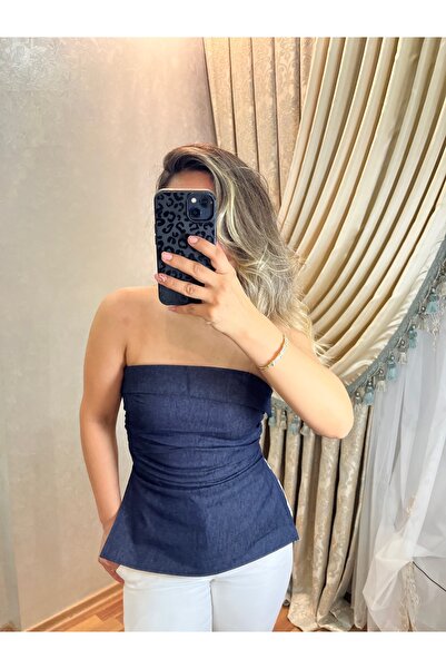 İLAYLA Straplez Yaka Detaylı Kot Yandan Fermuarlı Bluz