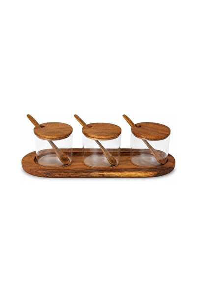 Blackstone Walnut Wood Condiment Jar Set with Tray, 3 Glass Jars with Wooden ...