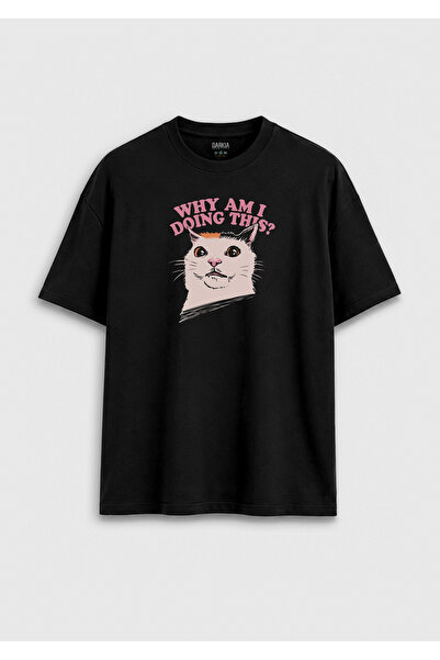 Darkia Curious Cat Special Design Printed Unisex Black T-Shirt