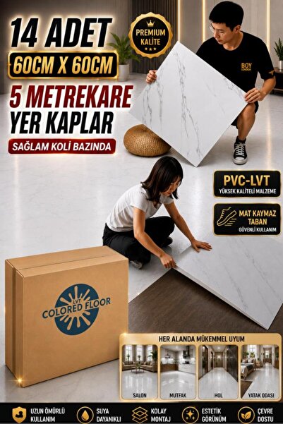 Renkli Duvarlar 14 Adet 60X60cm Kırık Beyaz Mermer Desen Floor Pvc-Lvt Yapışk...