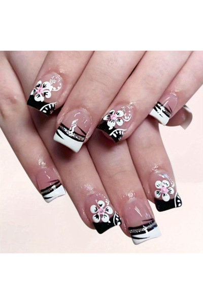 Choice 4665 Short Medium fake nails for women girls Black white flowers with ...