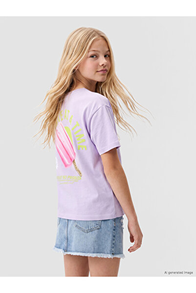 LC Waikiki Trendlucky Girls' T-Shirt with Oval Collar and Printed Design