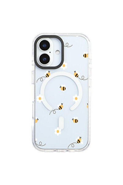 Casen iPhone 17 Yanları Beyaz Magsafe Arty Şeffaf Bees and Flowers Tasarımlı ...