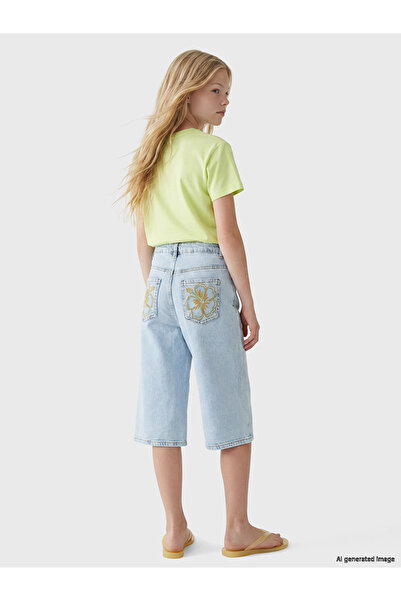 LC Waikiki Two Mt Shop Quality Flower Embroidered Girls' Jean Shorts