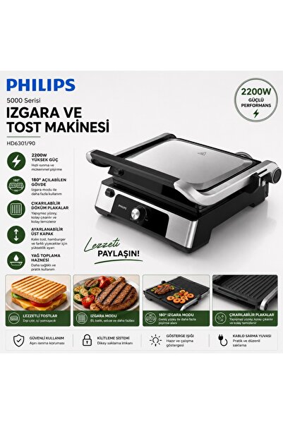 Philips 5000 Serisi 2200W Izgara ve Tost Makinesi,Çıkarılabilir Plakalar, Izg...