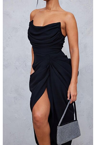 NO BRAND Rochie midi asimetrică neagră cu corset încrețit prettylittlething 38