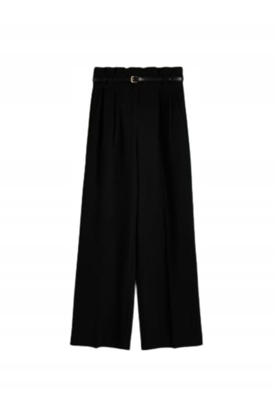 NO BRAND Pantaloni negri lungi, drepți, largi, cu talie înaltă pliată și cure...