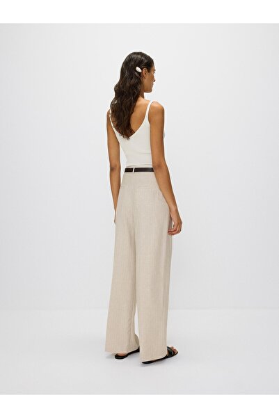 NO BRAND Pantaloni bej cu dungi, croială largă dreaptă, lungi clasici, XL