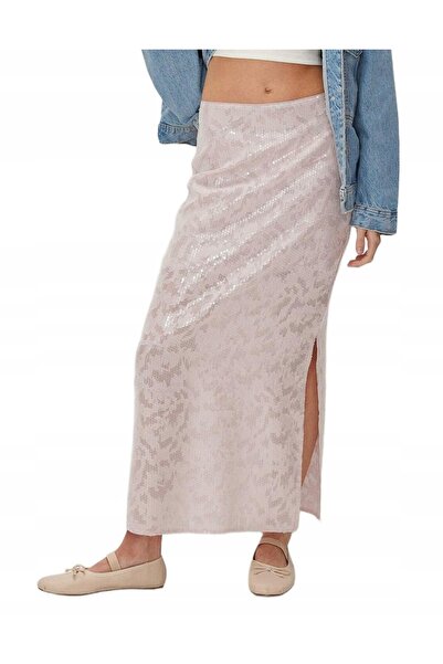 NO BRAND Fustă maxi roz pal cu paiete, strălucitoare, cu șliț și fermoar, măr...