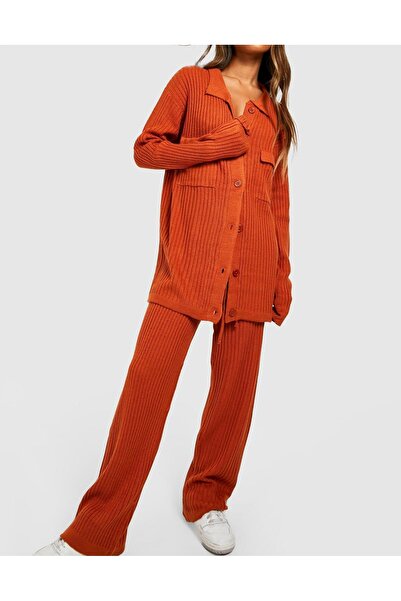NO BRAND Pantaloni boohoo tricotati, largi, cu nervuri, cu talie înaltă, de c...