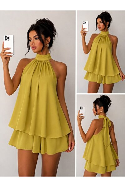 Wear Up فستان ميني للمرأة بياقة هالتر وتفاصيل فولان