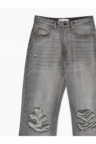 NO BRAND Pantaloni din denim gri cu talie înaltă, cu rupturi și franjuri, măr...