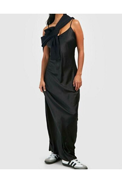 NO BRAND Rochie maxi simplă, netedă, neagră, din satin, cu bretele și fermoar...