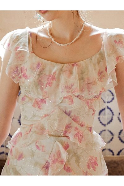 NO BRAND Rochie midi simplă, bej, florală, cu mâneci cu volane și șliț, Shein L