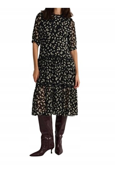 NO BRAND Rochie neagră Midaxi Mâneci scurte Imprimeu floral Fermoar Decolteu ...