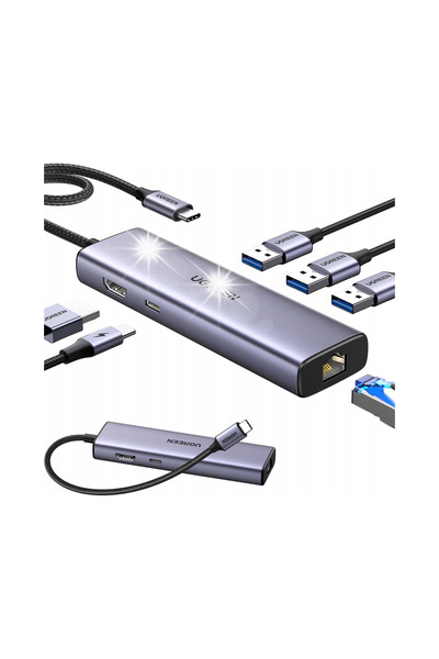 Ugreen ADAPTOR HUB USB-C 6-în-1 cu 3x USB A 3.0, HDMI 4K, RJ45 LAN 1GB, PD 100W